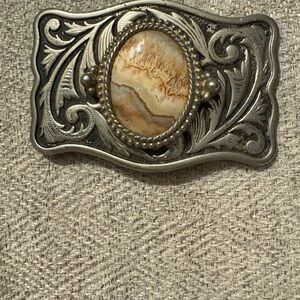 Vintage Agate Silvertone Black Belt Buckle